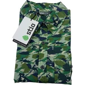 Stio Pine Brush Stroke Camo Lakeside Short Sleeve Button Up Shirt Mens Large NWT